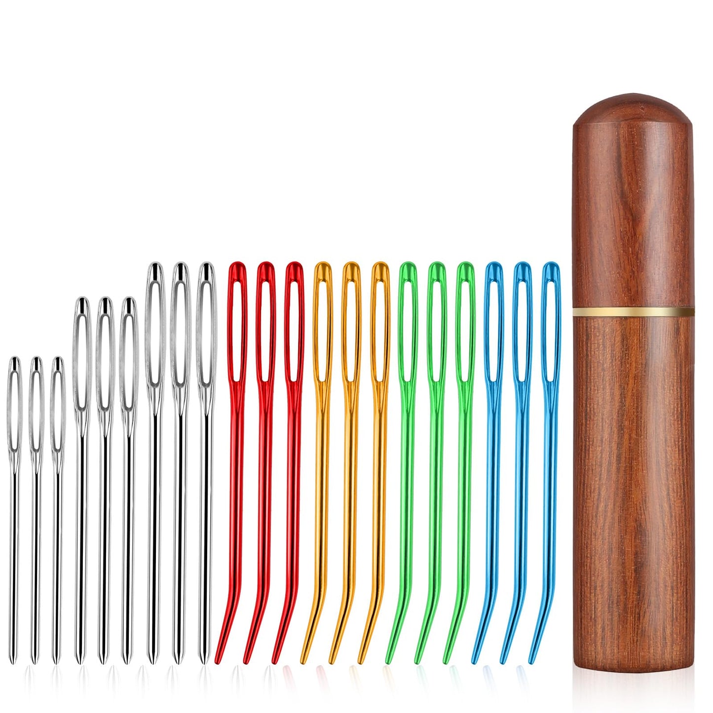21PCS Large Eye Sewing Needles Kit with Wooden Storage Box, Bent Tapestry Needles and Large-Eye Blunt Needle, Sharp Large-Eye Yarn Needle for Crochet Sewing Yarn Embroidery Projects