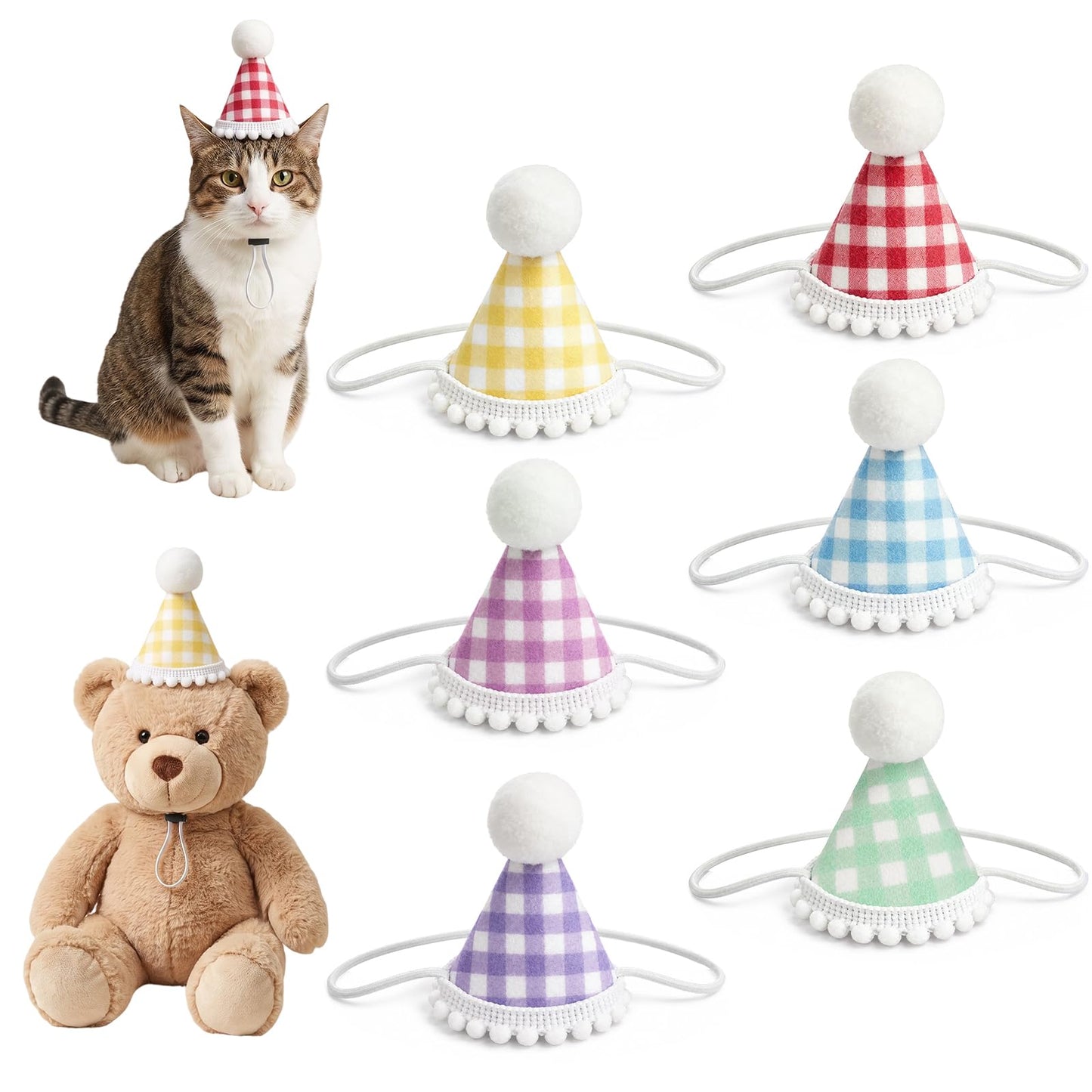 6pcs Mini Party Hats Cute Felt Party Hats for Stuffed Animals with Pom Poms