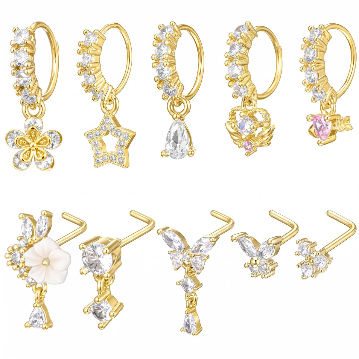 10Pcs 20g Gold Dangle Nose Ring L Shaped Nose Studs Dangling Nose Ring