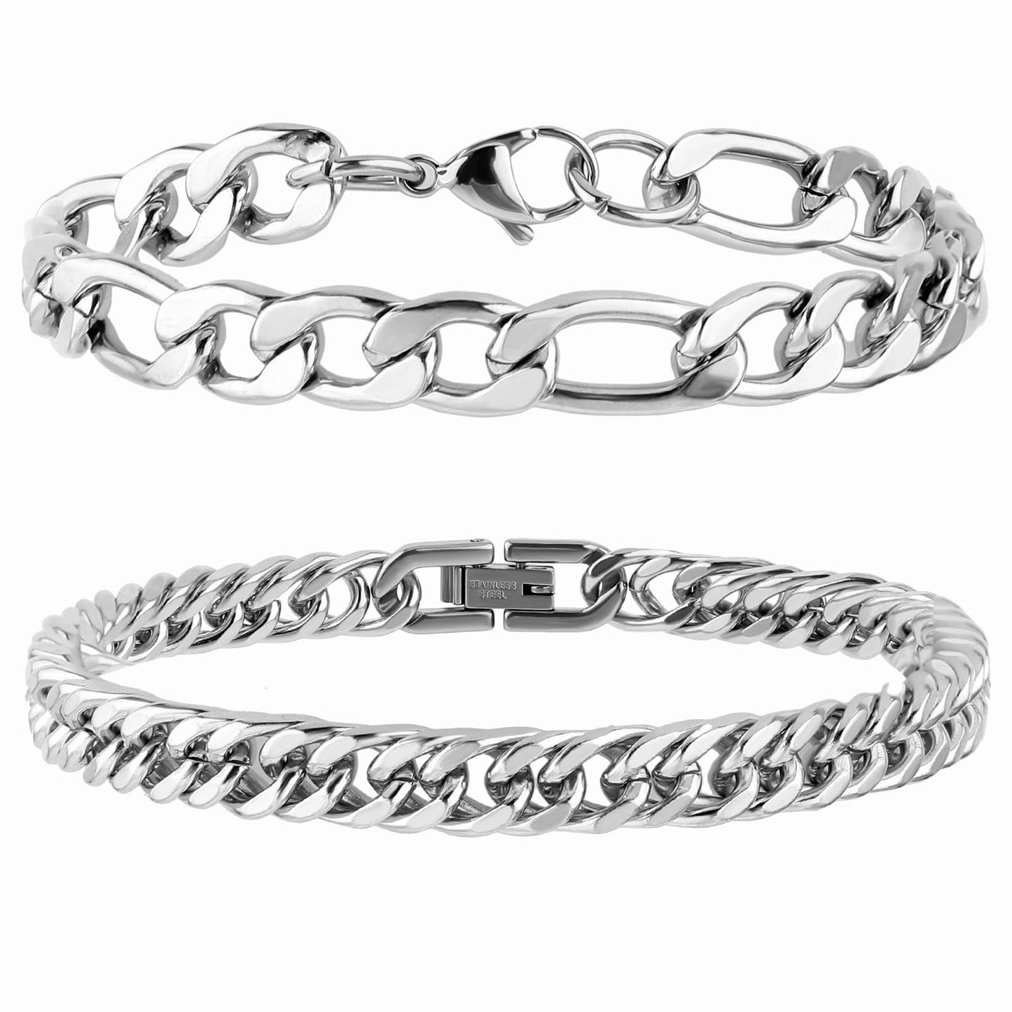 DIVINA VITAE 2 Pcs Mens Cuban Link Figaro Bracelet Men's Stainless Steel Bracelet Sturdy Silver Chain Bracelets for Men Franco Wrist Chain, 7/8/9inch Silver Jewelry Bracelet Gifts for Dad Husband