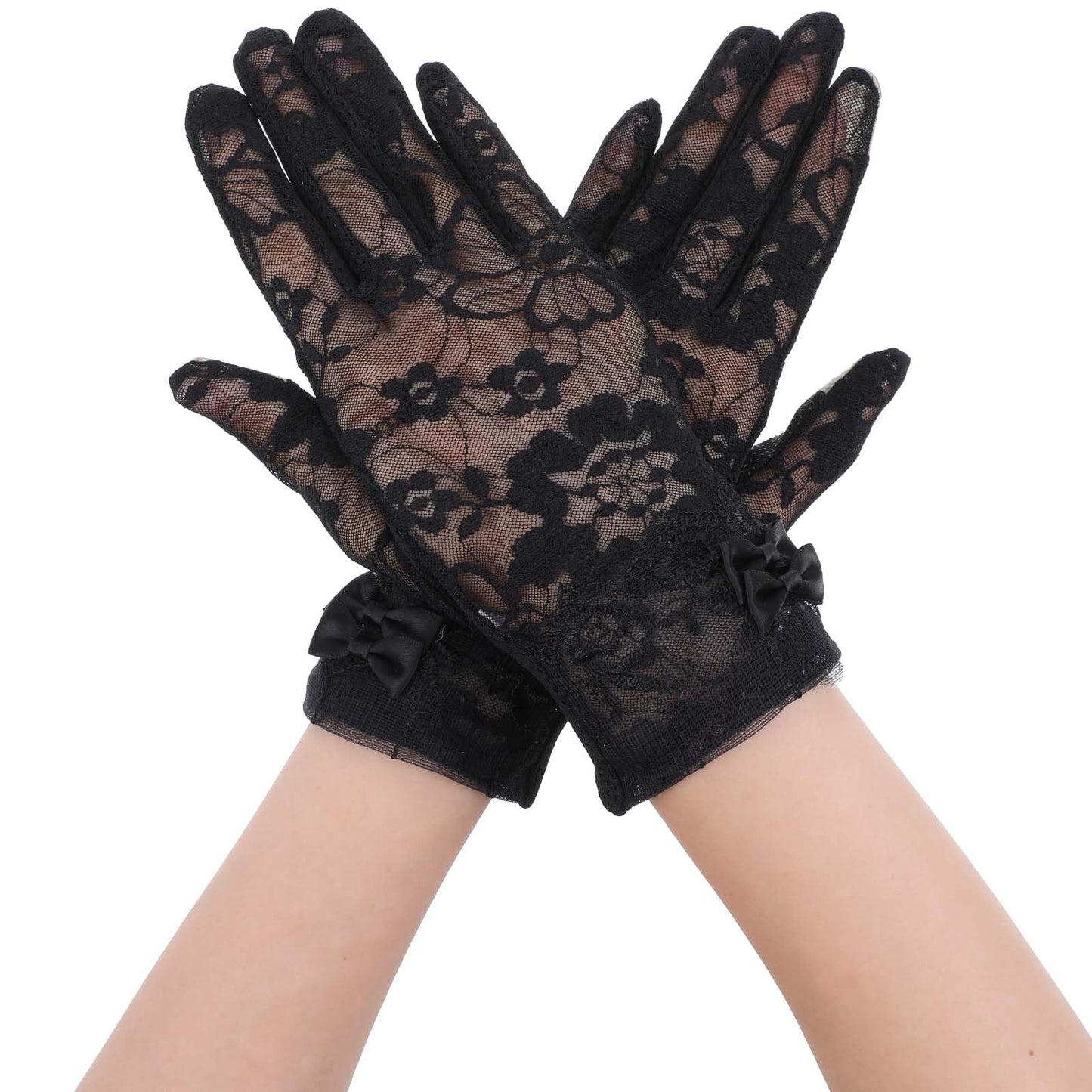 Lace Gloves Women Tea Party Bow Short Bridal Lace Gloves Wedding Prom Evening Dinner Prom Cosplay Halloween Funeral(Black)