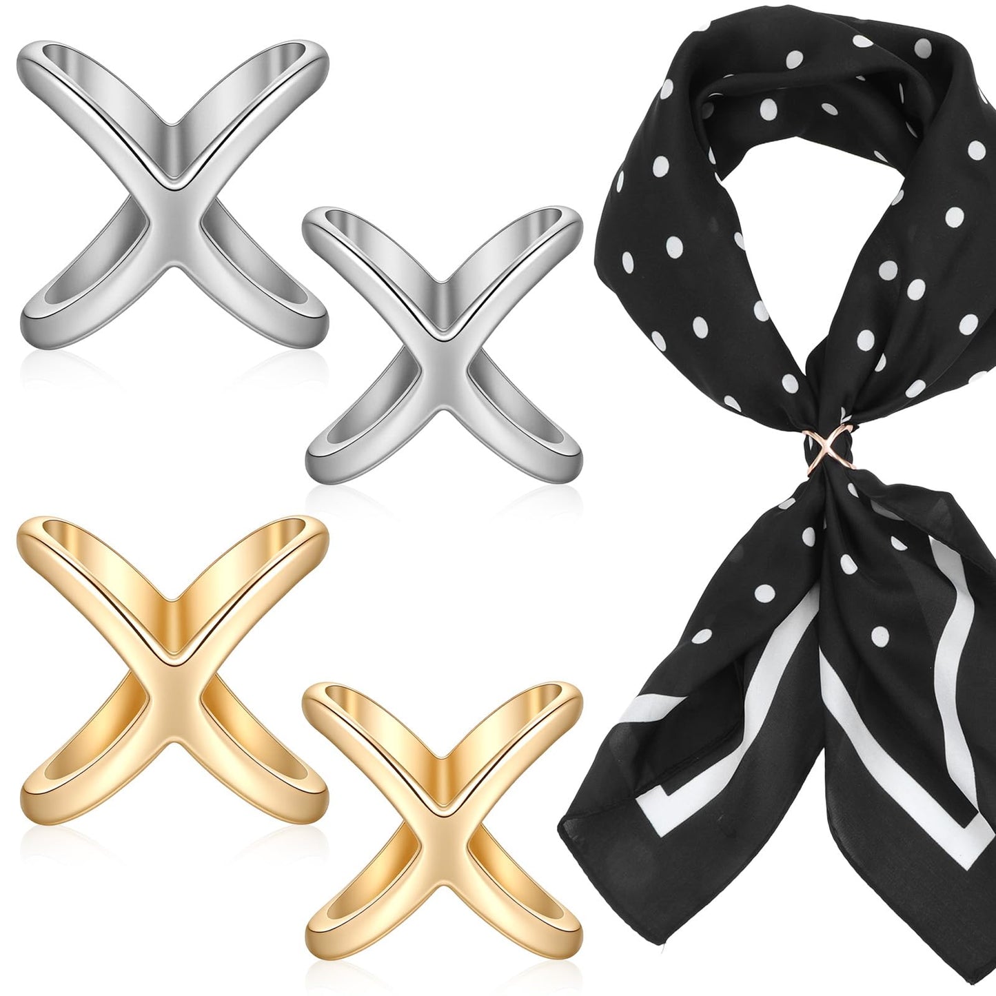 Ziuohaa 4 Pcs X Shape Scarf Ring Clips - Gold Silver Alloy Shawl Scarf Rings for Women Clothing Decoration - Two Sizes Included