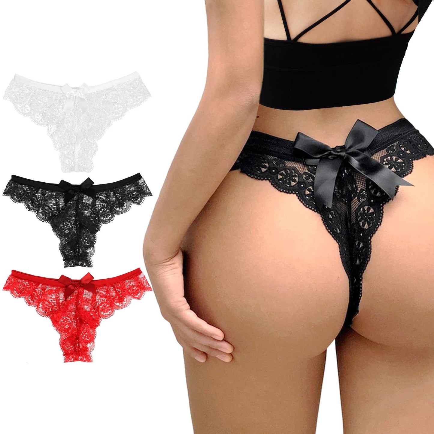 Telooco Women Sexy Panties 3 Pack Lace Bow Thongs Low Waist Panties V-Shape Naughty Cheeky Underwear for Bride (Large)
