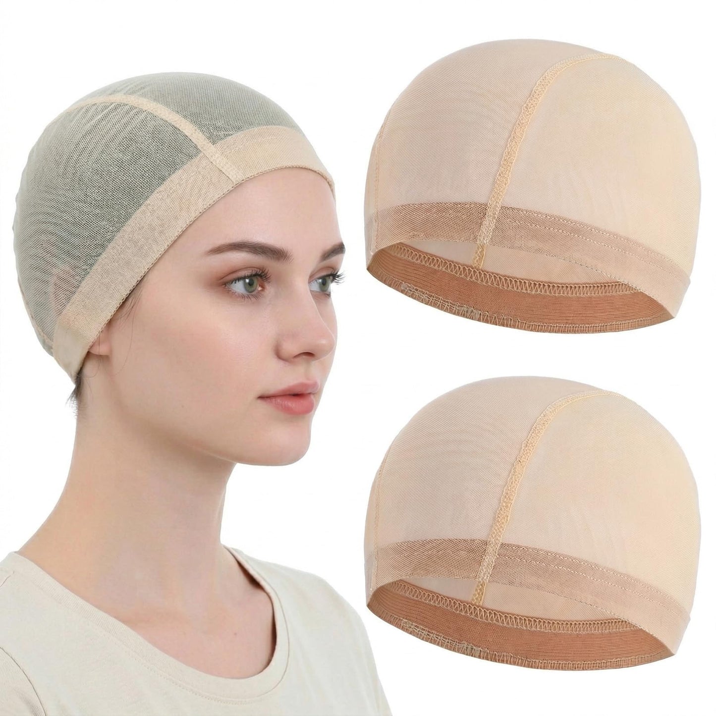 Tucnoeu 2 Pack Bamboo Fiber Wig Caps - Elastic, Breathable, and Soft Wig Liner Caps for Hair Loss and Chemotherapy (Beige)