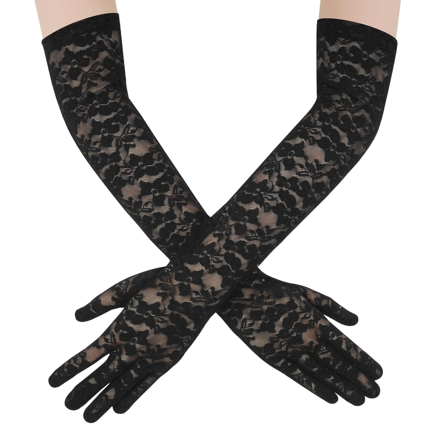 Long Lace Gloves Floral Elbow Black Gloves for Women Wedding Party 1920s Lace Opera Gloves for Dinner Parties Wedding Bridal Dance Cosplay Halloween(black)