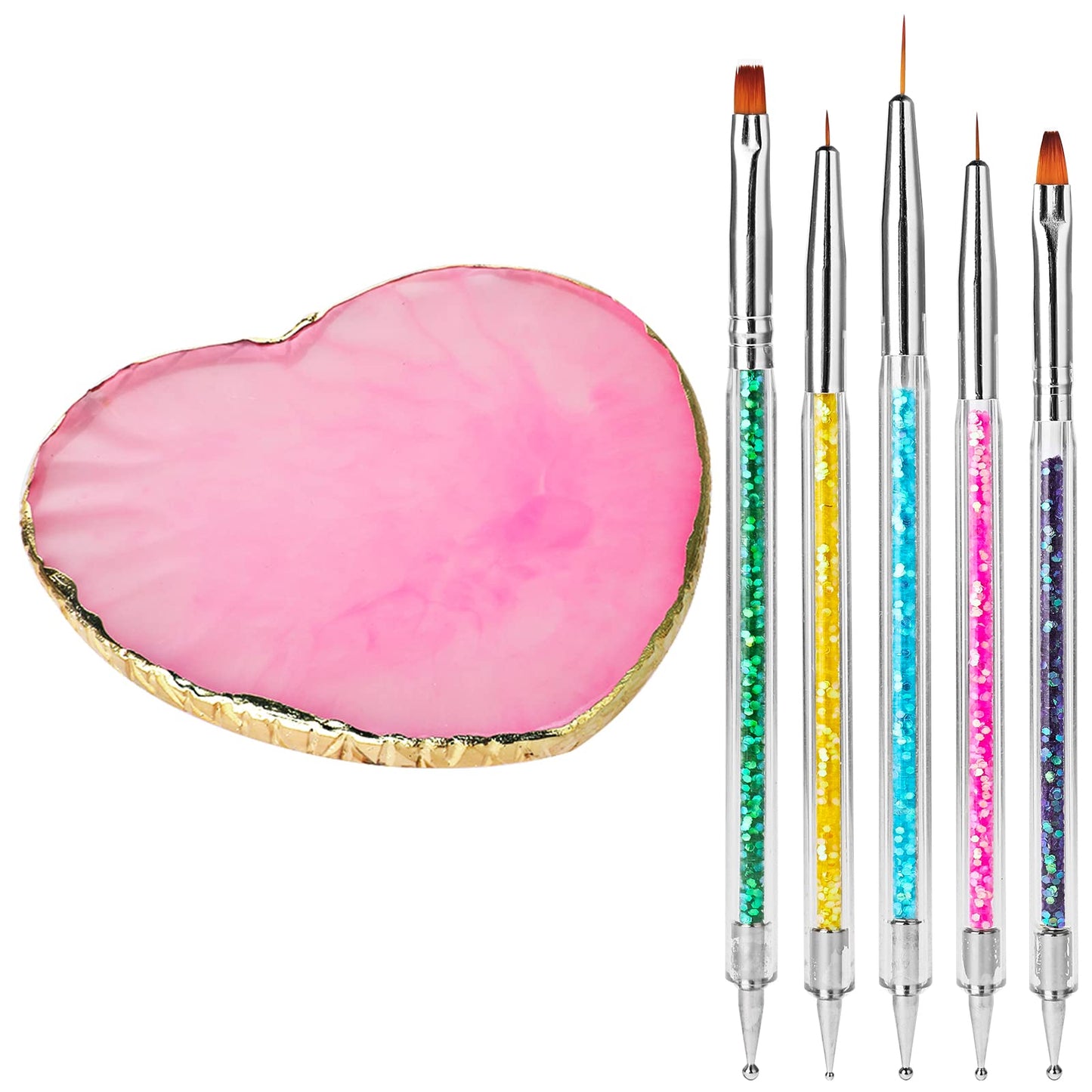 Lusofie 1Pc Nail Art Palette with 5Pcs Nail Art Brushes, Resin Nail Gel Mixing Palette Double Ended Nail Design Liner Brushes with Nail Dotting Pens Manicure Tools Kit