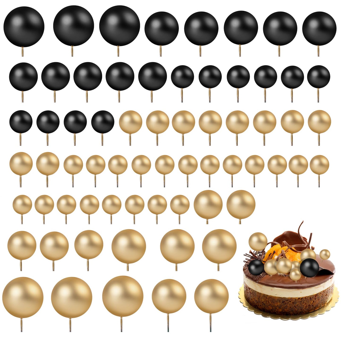 66 Pieces Black and Gold Cake Balls 4 Size Gold and Black Cake Decorations Balloon Cake Topper Gold Cake Ball Topper Black Cake Balls for Birthday Party Wedding Anniversary Baby Shower(Gold,Black)