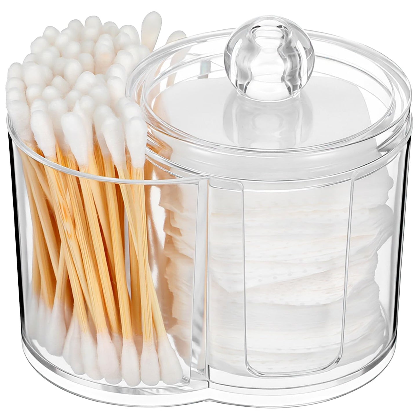 Yolev Cotton Swab Dispenser & Cotton Pad Dispenser 2-Grid Clear Plastic Bathroom Qtip Holder Set Bathroom Container Organizer With Lid For Ball Pad Round Floss Picks Hair Ties