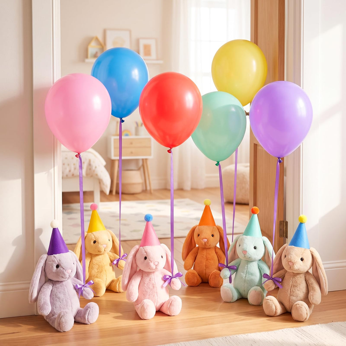 12Pcs Mini Party Hats and Balloons for Stuffed Animals with Ribbon