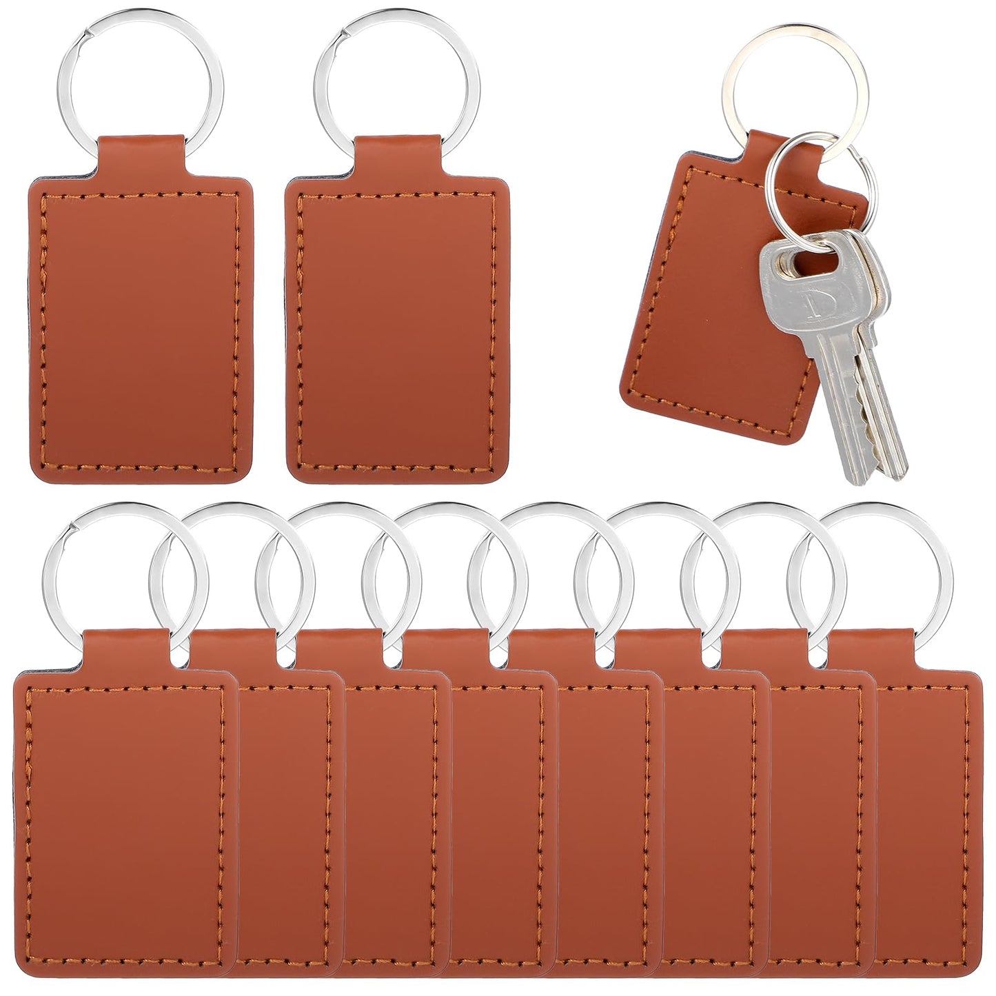 Telooco 10Pcs Leather Keychain Blanks PU Leather Key Fob Kit with Keychain Ring, Rectangular Laser Engraving Keychain Leather Keychains Holder for Keychain Making Leather Craft Working