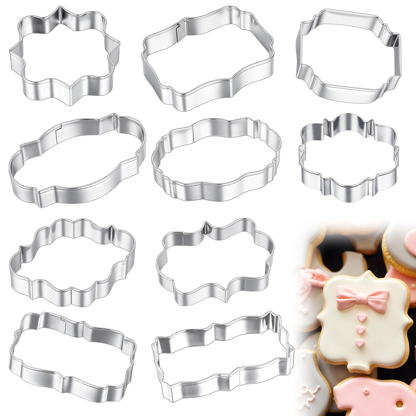 10Pcs Frame Cookie Cutters, Stainless Steel Plaque Cookie Cutter with 10 Shapes, DIY Cookie Molds, Metal Cookie Cutters for Cookie Wedding Baking Decoration Birthday Holiday Party