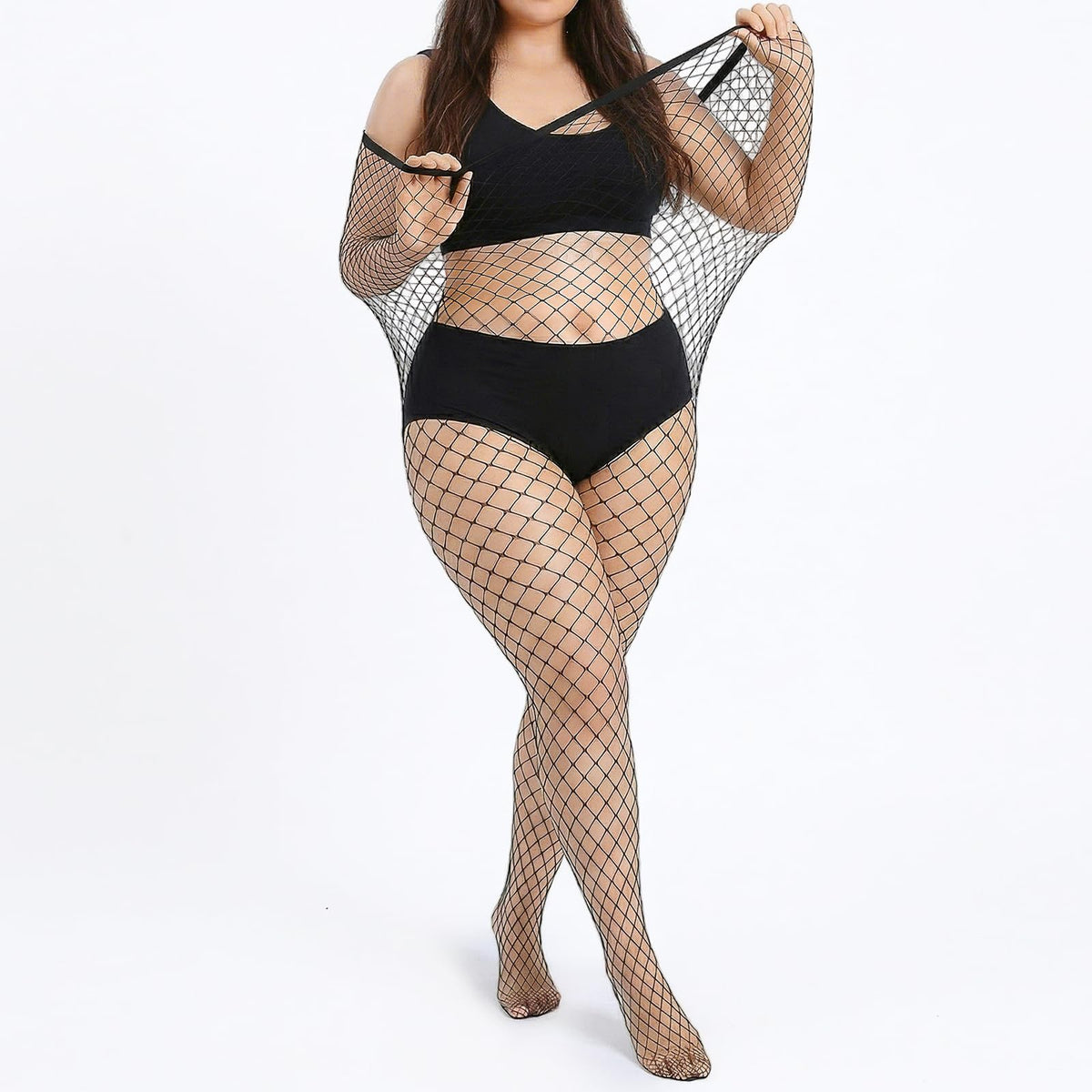 HaiFafafaing Plus Size Fishnet Tights, Black Full Length Big Mesh Stockings, High Elastic Pantyhose For Women