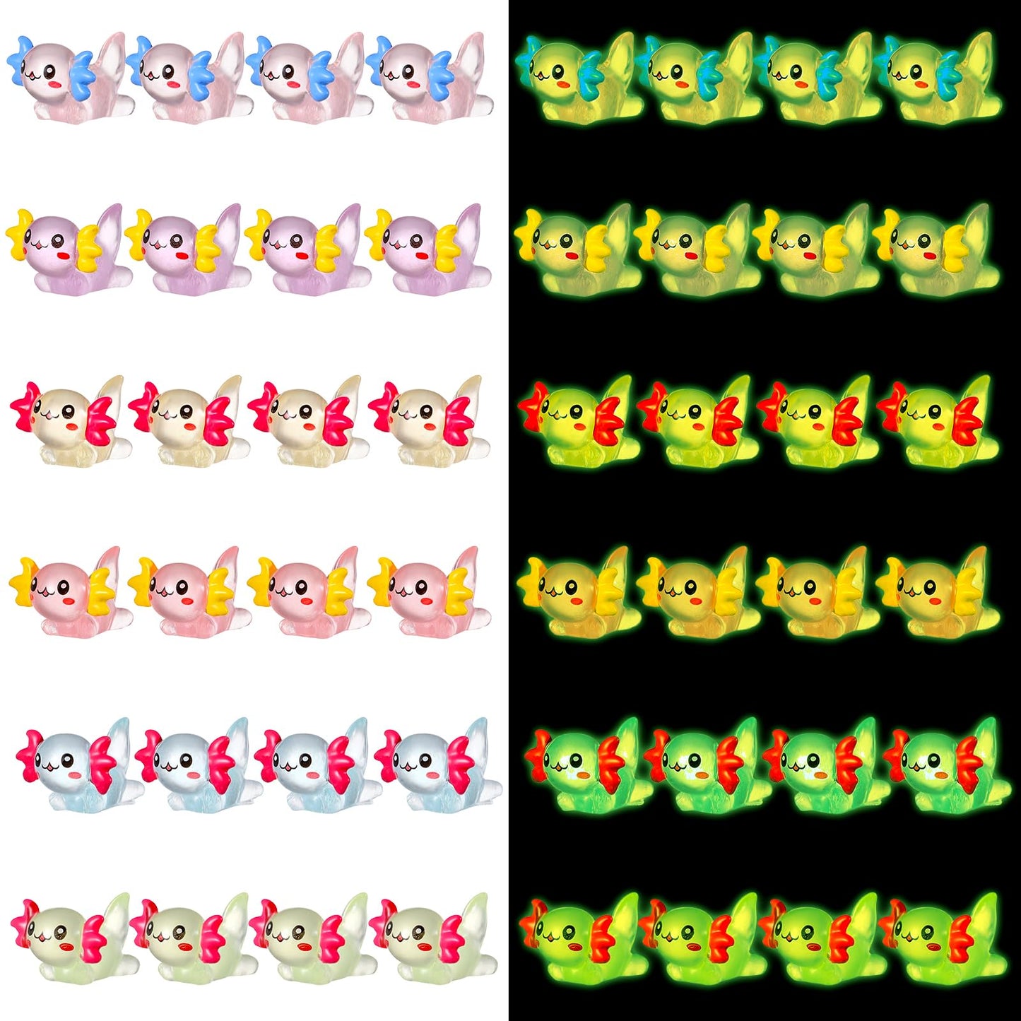 Telooco Mini Axolotl 24Pcs Colorful Tiny Resin Animals in Bulk Mini Axolotl Figurine to Hide 6 Colors Axolotl Stuff for Garden Ornament Aquarium Landscape DIY(Luminous)