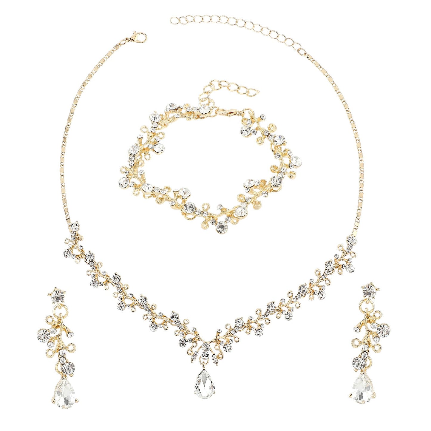 Rhinestone Bridal Wedding Jewelry Sets Gold Jewelry Set for Women Crystal Necklace Bracelet Earrings Set for Brides Bridemaid Prom Costume Accessories