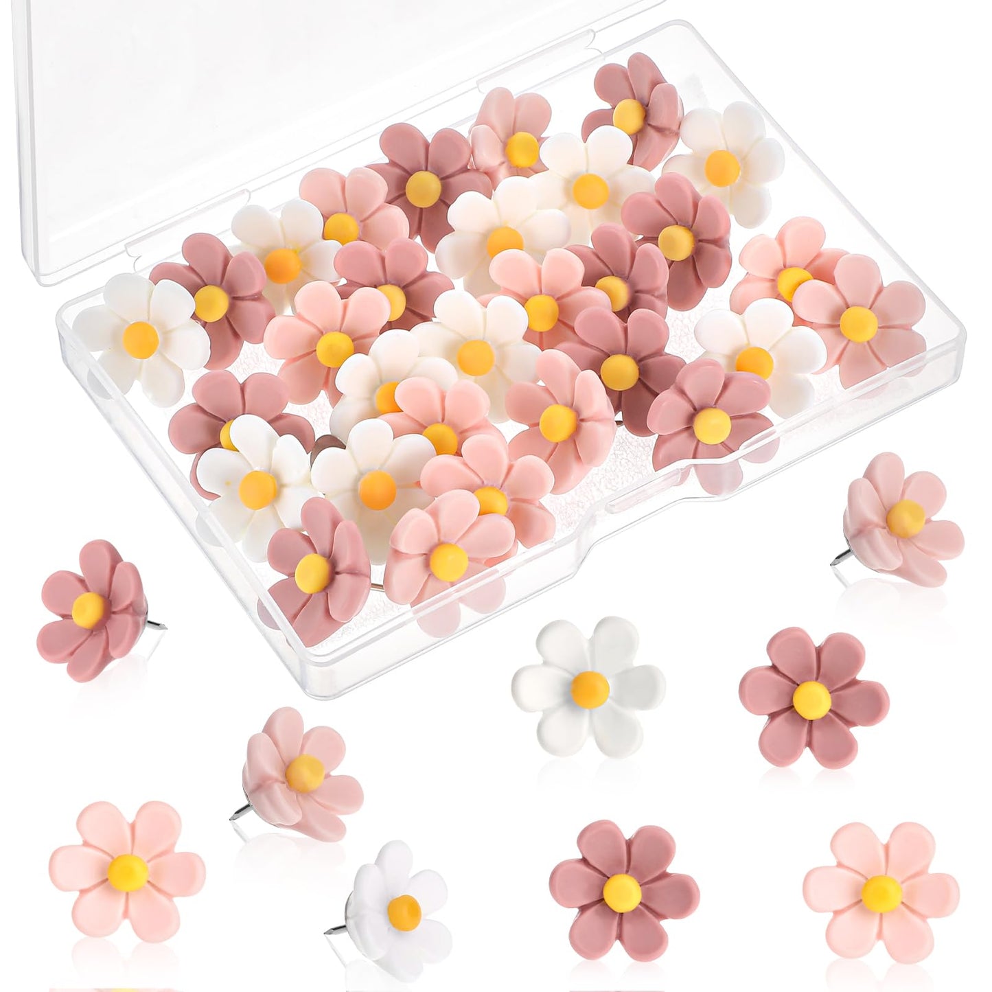Flower Push Pins, 50Pcs Thumb Tacks for Cork Board, 0.5Inch Cute Push Pins for Bulletin Boards Cork boards Cardboard Hanging Posters Wall Decorations(Pink + White)