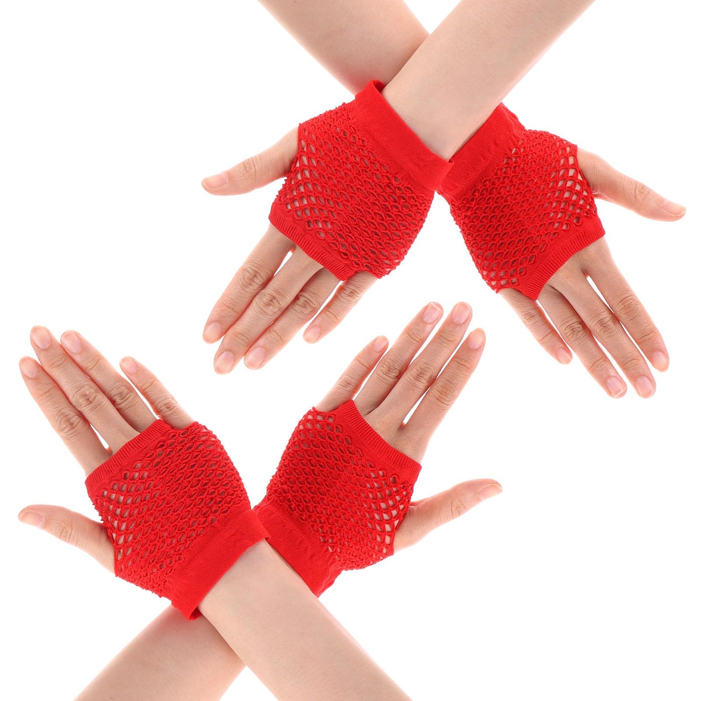 DIVINA VITAE 2 Pairs Red Fingerless Fishnet Gloves Women 80s Short Stretch Mesh Gloves Retro Nylon Fish Net Fingerless Gloves for 80's Theme Party Halloween Cosplay Women Costume Accessories