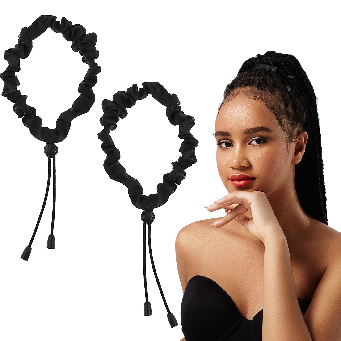 Adjustable Hair Ties 3Pcs Black Satin Hair Scrunchies Extra Length Hair Elastics No Damage Elasticity Hair tie for Thick Curly Natural Hair Ponytails