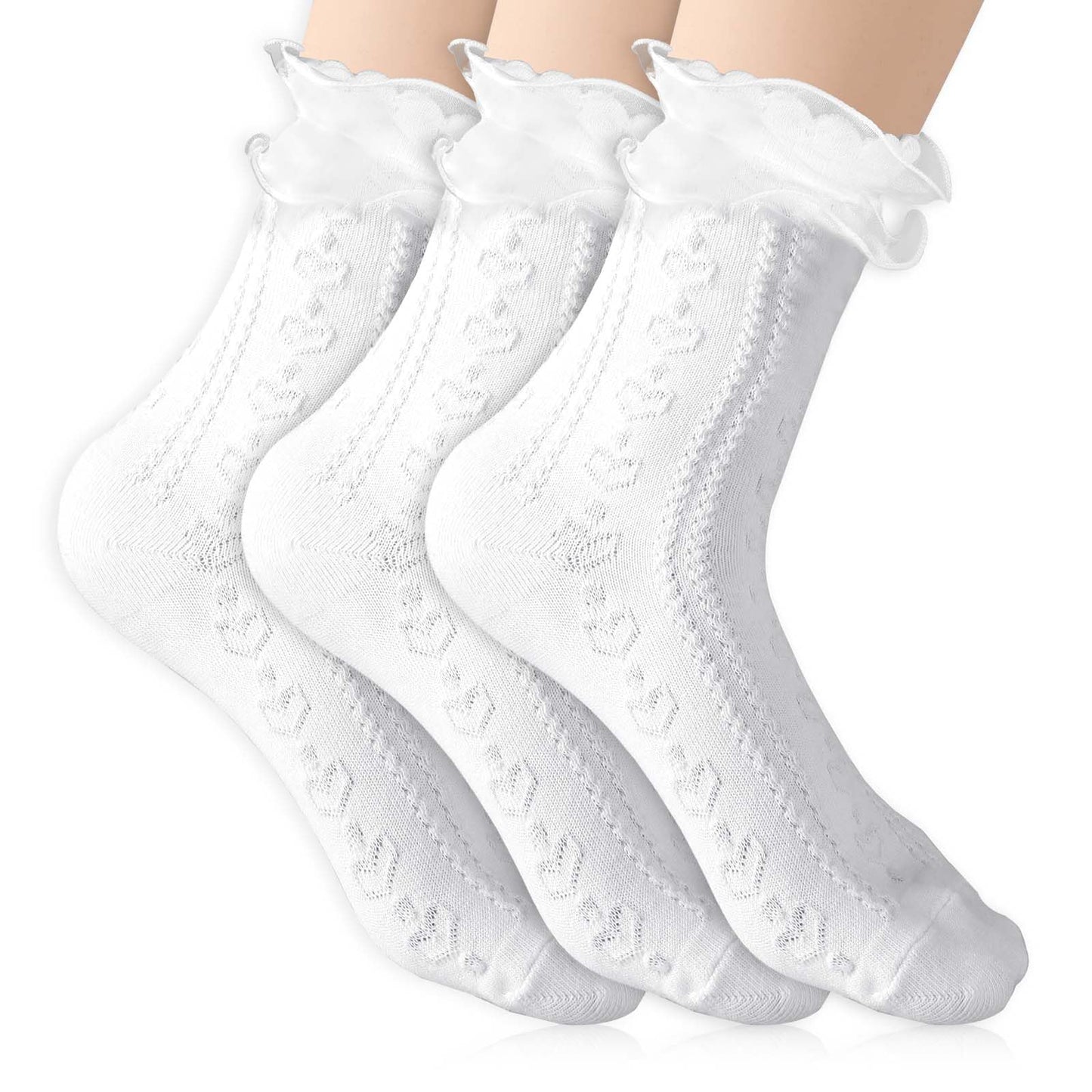 Telooco 3 Pairs White Frilly Socks Women Lace Socks Ruffle Frilly Socks Soft Cotton Mary Jane Socks Ruffle Ankle Socks for Ladies Gril
