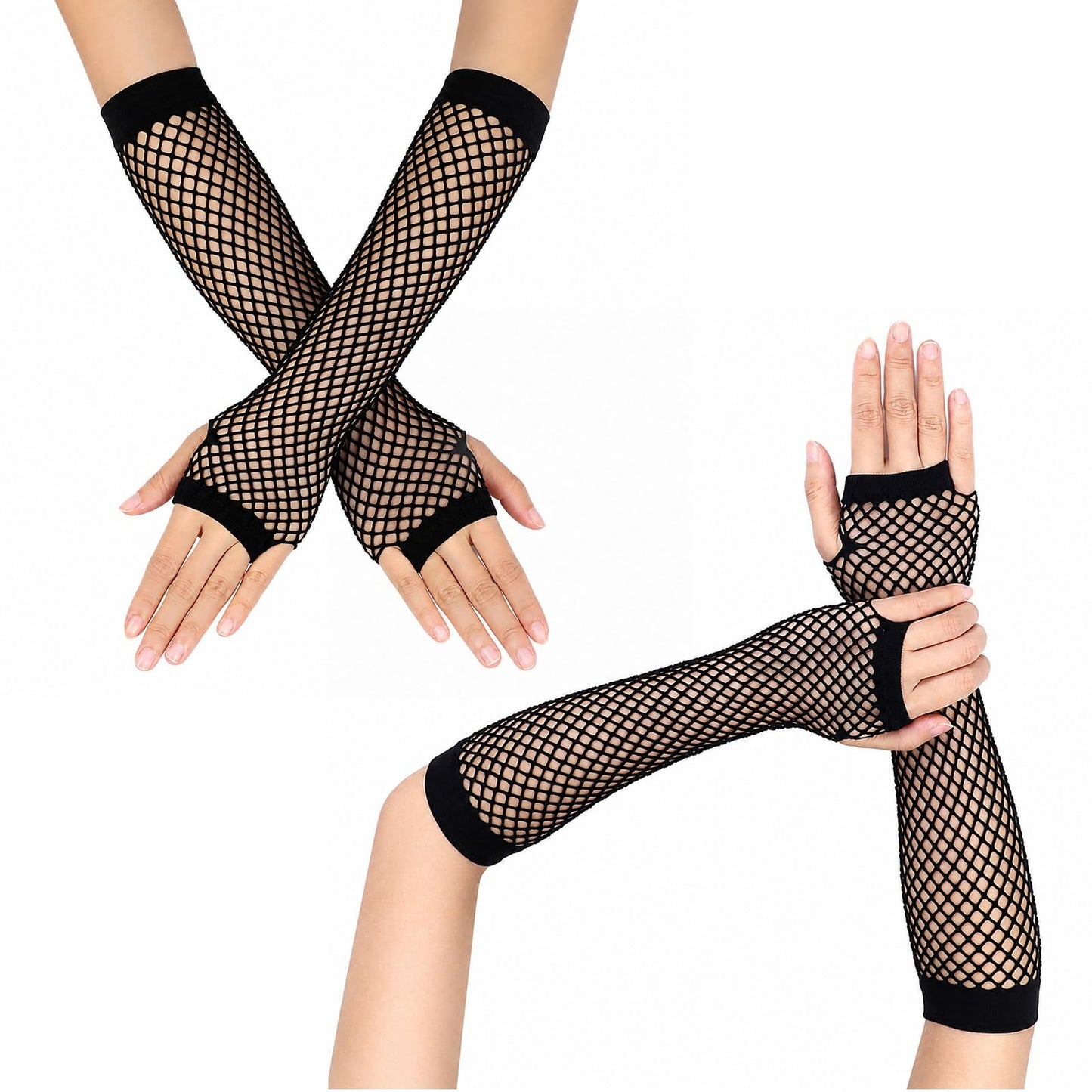 2Pairs Black Fishnet Gloves Women Long Mesh Fingerless Gloves for 80s Party