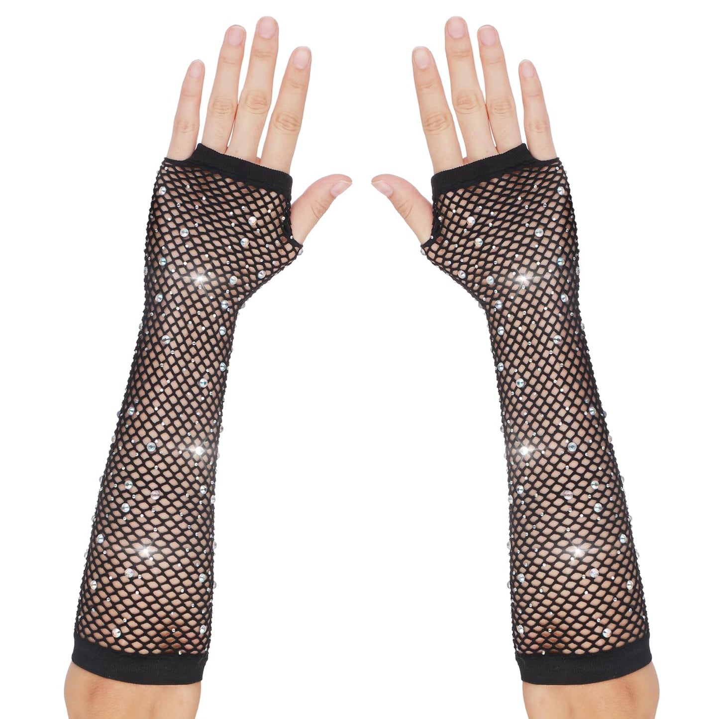 Lusofie Fishnet Gloves Fingerless With Rhinestone Long Fingerless Mesh Gloves for Women Girls 80s Halloween Scene Accessories(Black)