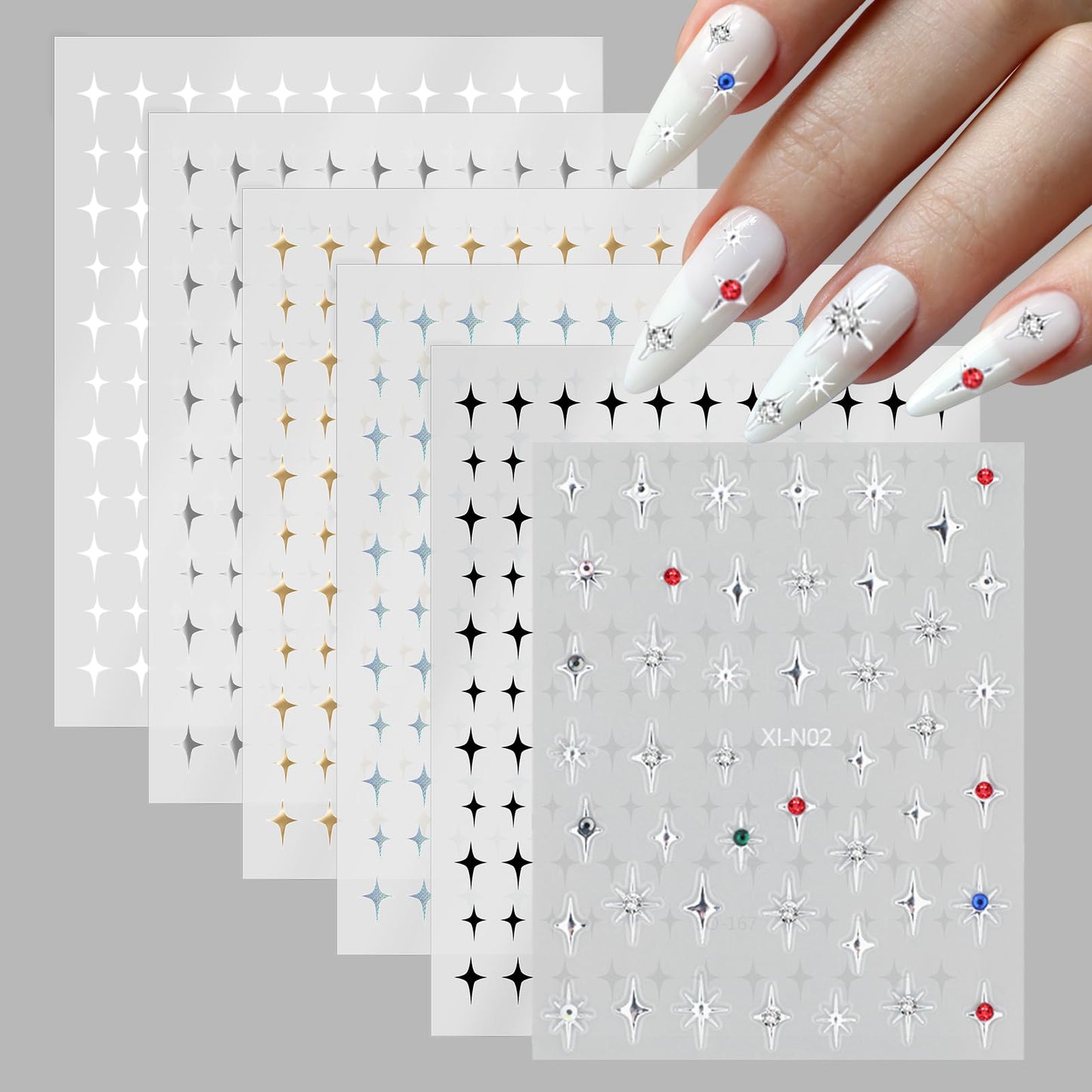 6 Sheets Nail Stickers Aurora Nail Art Stickers Self-Adhesive Y2k Star Nail Stickers for Nail Art,Punk Star Stickers Metal Styles with Rhinestones DIY Nails Manicure Decorations(Aurora Star)