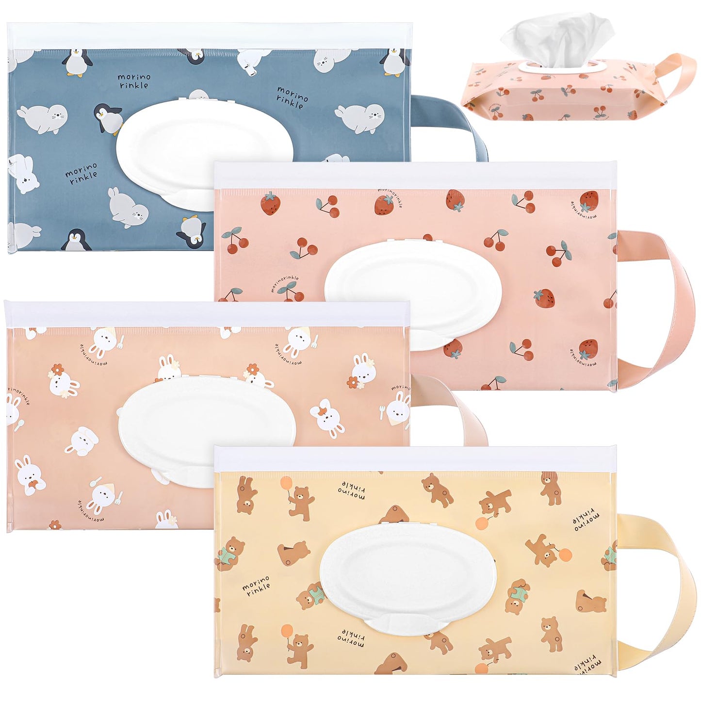 Yolev 4Pcs Travel Wipes Case 24cm *13.5cm Portable Wipes Dispenser with Locking Strip Sealing Strip Closure Reusable Wipes Pouch for Daily and Travel Wipes (Bear, Bunny, Penguin, Strawberry)