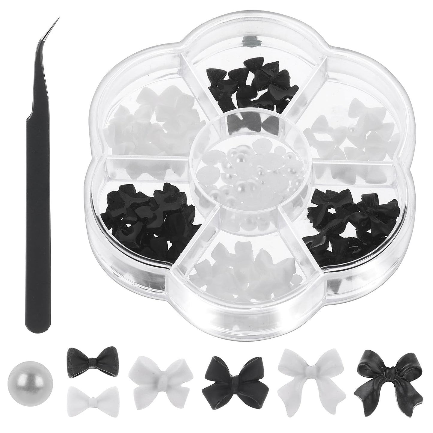 Bow Nail Charms Pearl Nail Art Rhinestones Black White Nail Charms Bows DIY Nail Decorations for Women Girls Nail Salon Craft Jewels Supplies