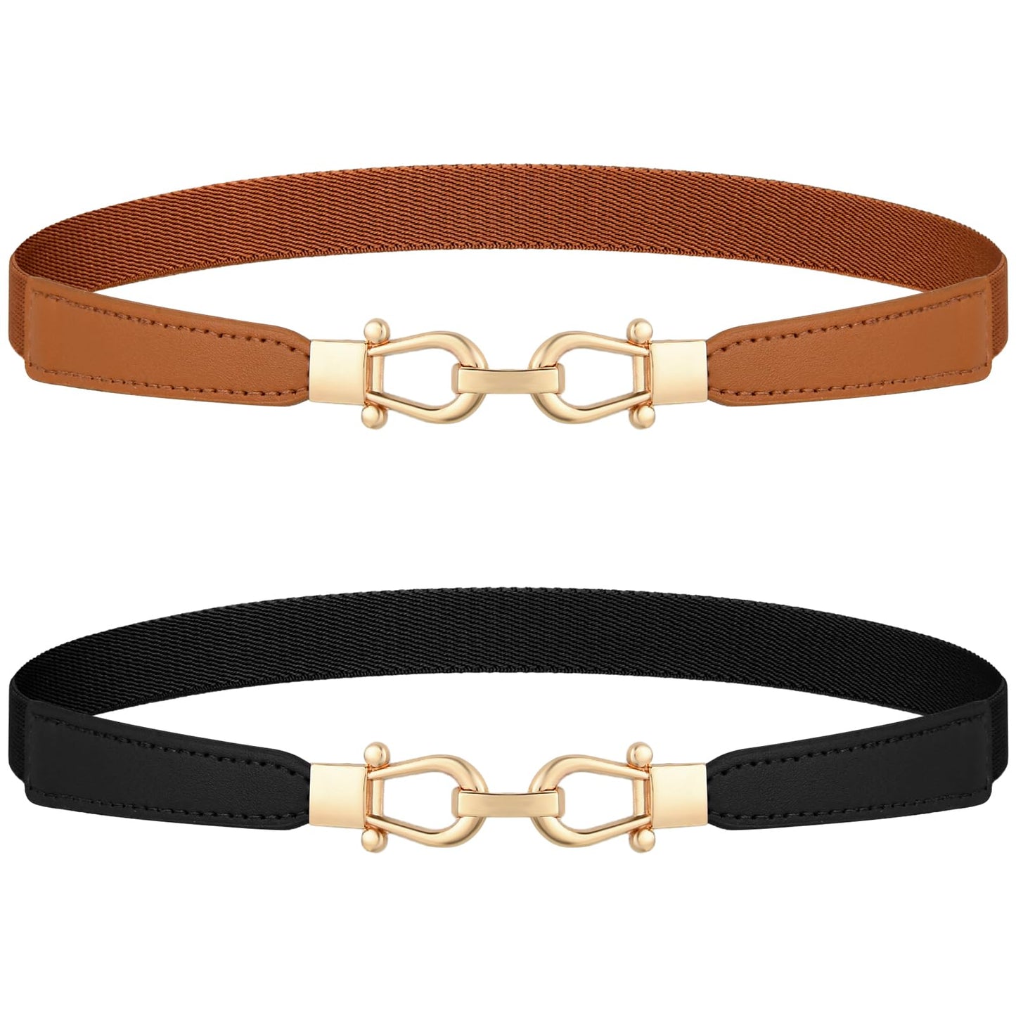 Black and Brown Skinny Elastic Belt for Dresses Womens Leather Thin Belts with Gold Buckle Retro Stretch Waist Belt Adjustable Plus Size Ladies Infinity Belts for Women's Fashion Dress Jeans Pants