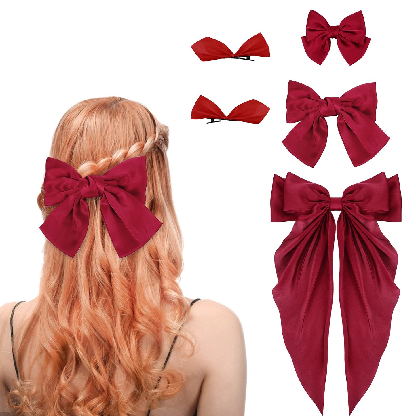 Yolev 5Pcs Red Hair Bow Silky Satin Bow Hair Clips Barrette Big Long Tail Bows for Hair Red Hair Bows for Women Girls