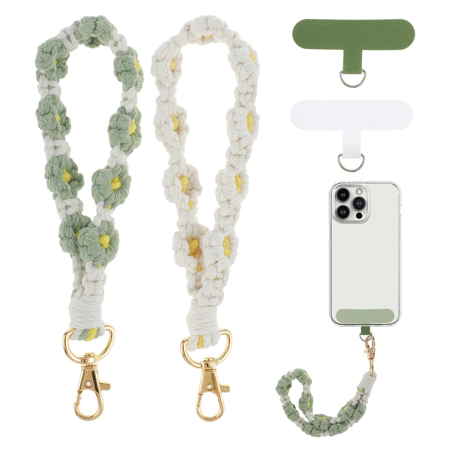 Lusofie 2 PCS Boho Macrame Phone Wrist Strap with 2×Tether Tab,Handmade Macrame Keychain,Women Men Wrist Strap for Phone Case(White + Green)