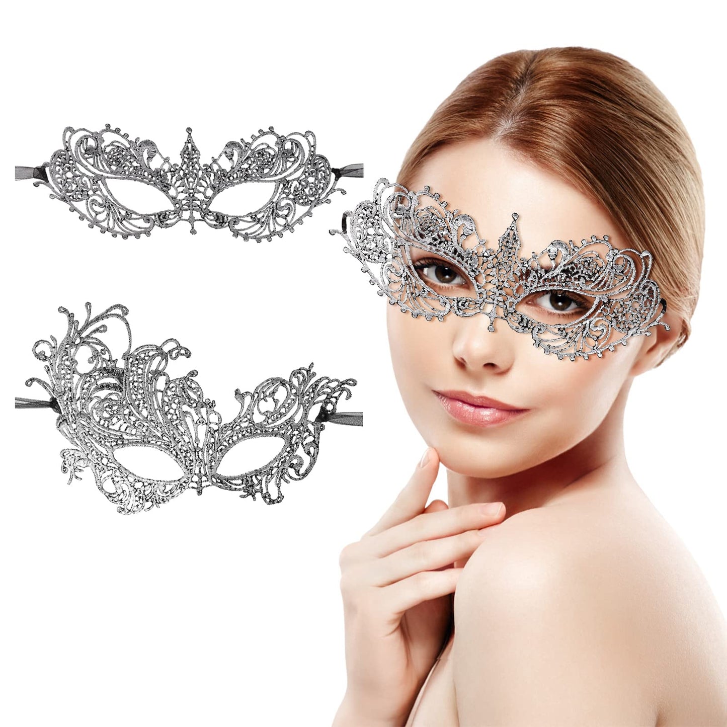 Lusofie 2Pcs Halloween Masquerade Mask for Women, Silver Masquerade Masks Lace Masks for Mardi Gras Carnival Costume Party