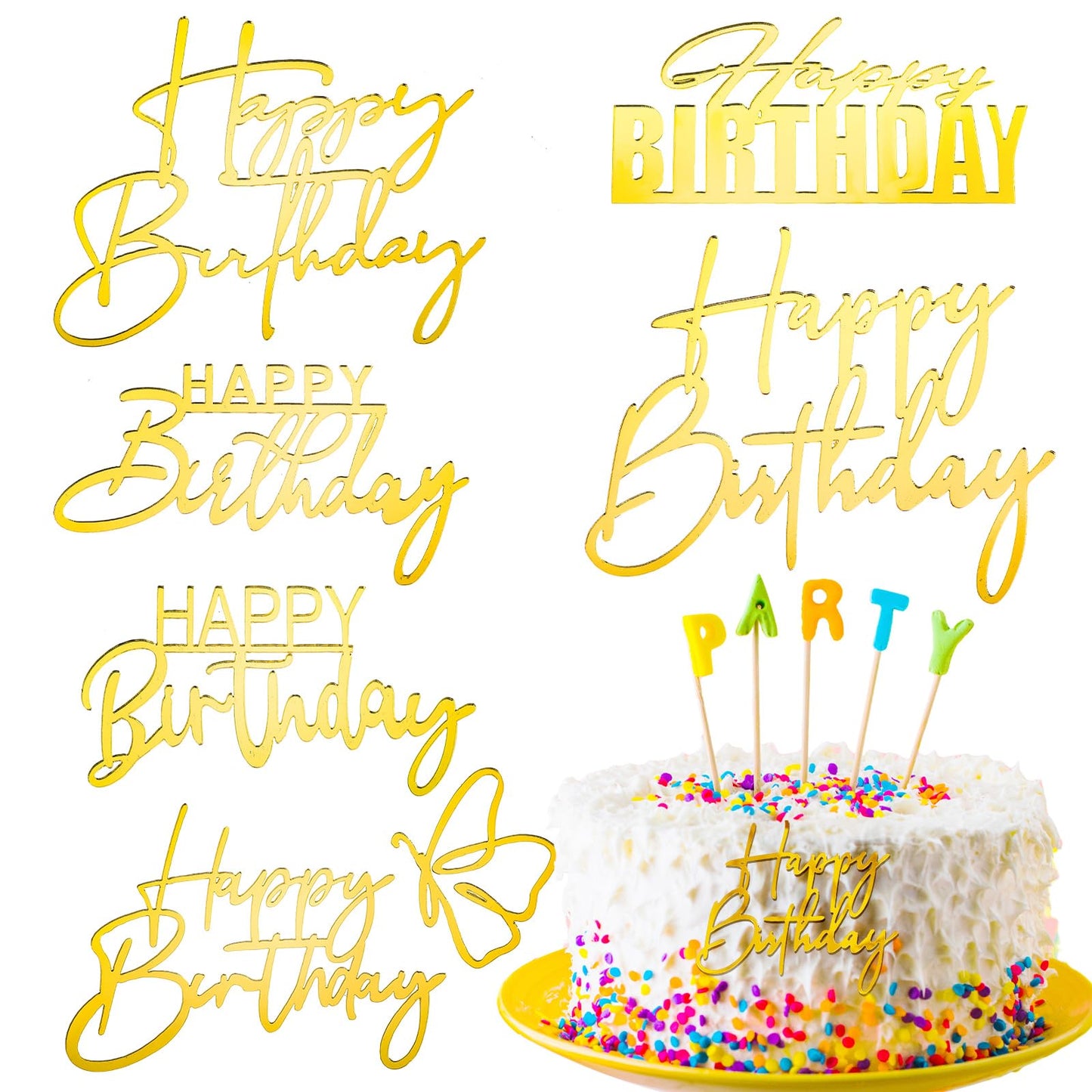 6 Pcs Gold Happy Birthday Cake Toppers Acrylic Cake Topper Sticks Birthday Cake Sign Banner Picks Gold Cake Decorations for Party, Anniversary, Birthday 6 Stylish Designs