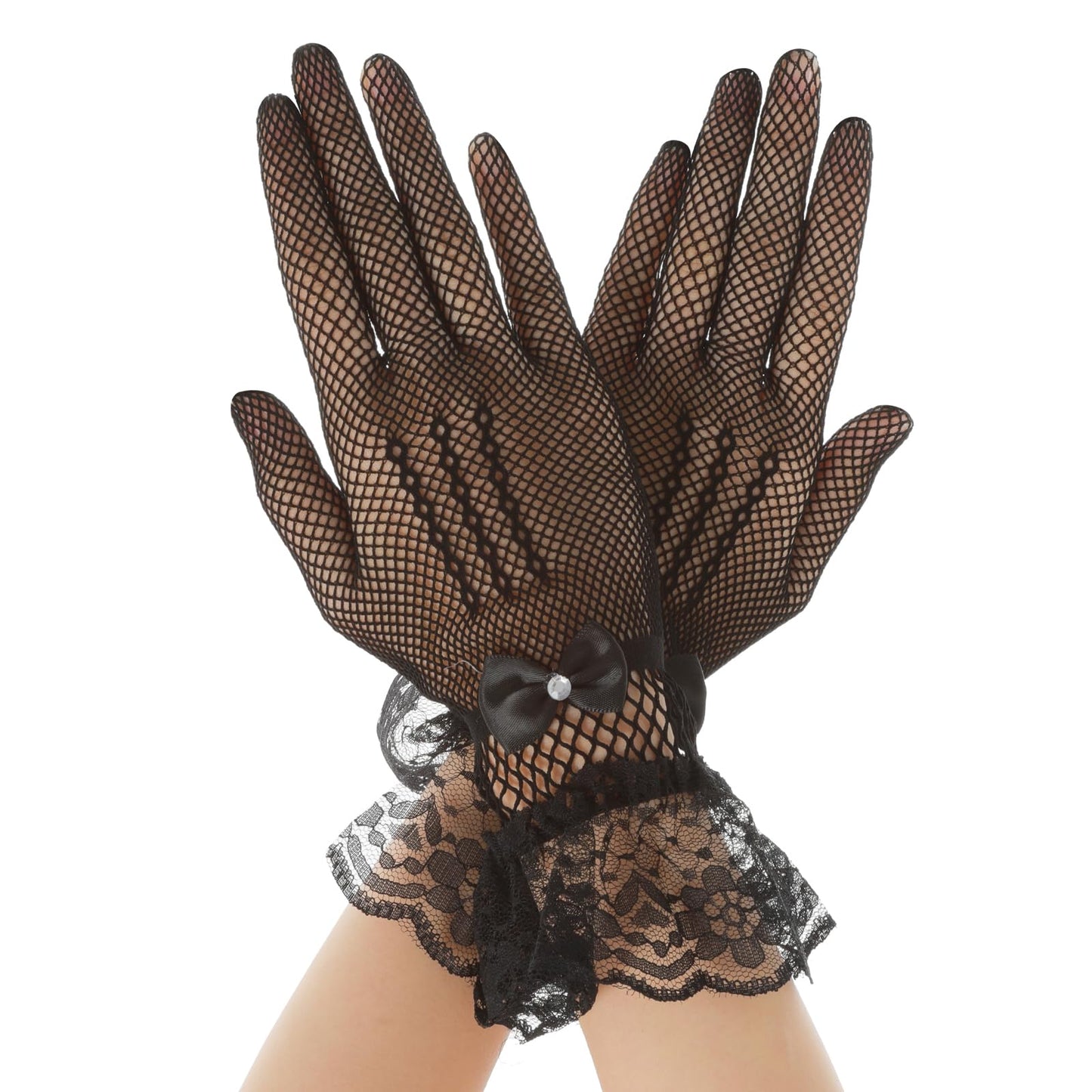Women Bow Black Lace Gloves, Elegant Wedding Tea Party Fishnet Gloves for Princess Dinner Party Costume Opera Prom Bridal Cutout Accessories