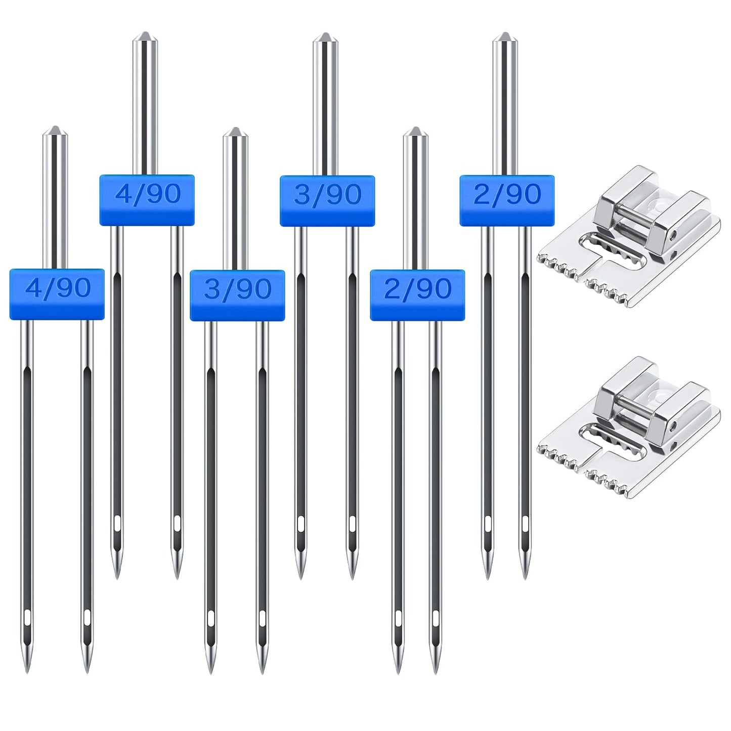 6pcs Twin Needles for Sewing Machine with 2pcs 9 Groove Pintuck Presser Foot,Double Needle Threader for Sewing Machine,3 Size Mixed 2.0/90, 3.0/90, 4.0/90
