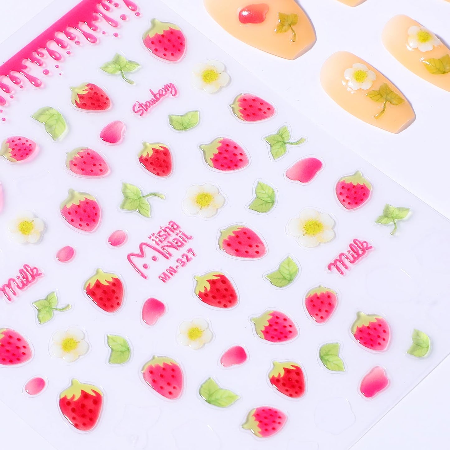 Lusofie Strawberry Nail Stickers 5D Relief Art Nail Decals Self-Adhesive Fruit Nail Stickers Strawberry Jelly Flowers and Leaves Sweet Sticker Nails for Summer Nail Decoration