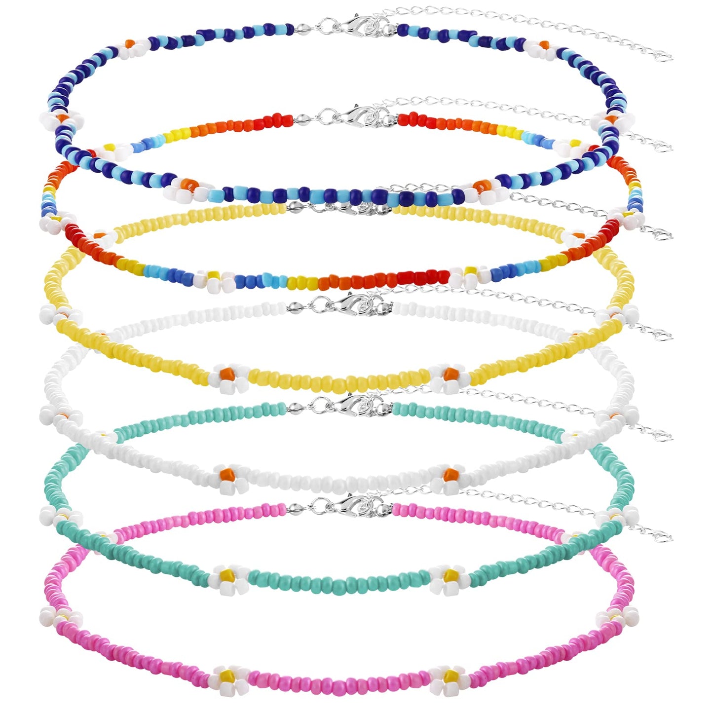 6 Pieces Colorful Tiny Seed Beaded Necklace Boho Beads Choker Seed Beaded Choker Necklace Beach Necklace Chain Jewelry for Women Girls