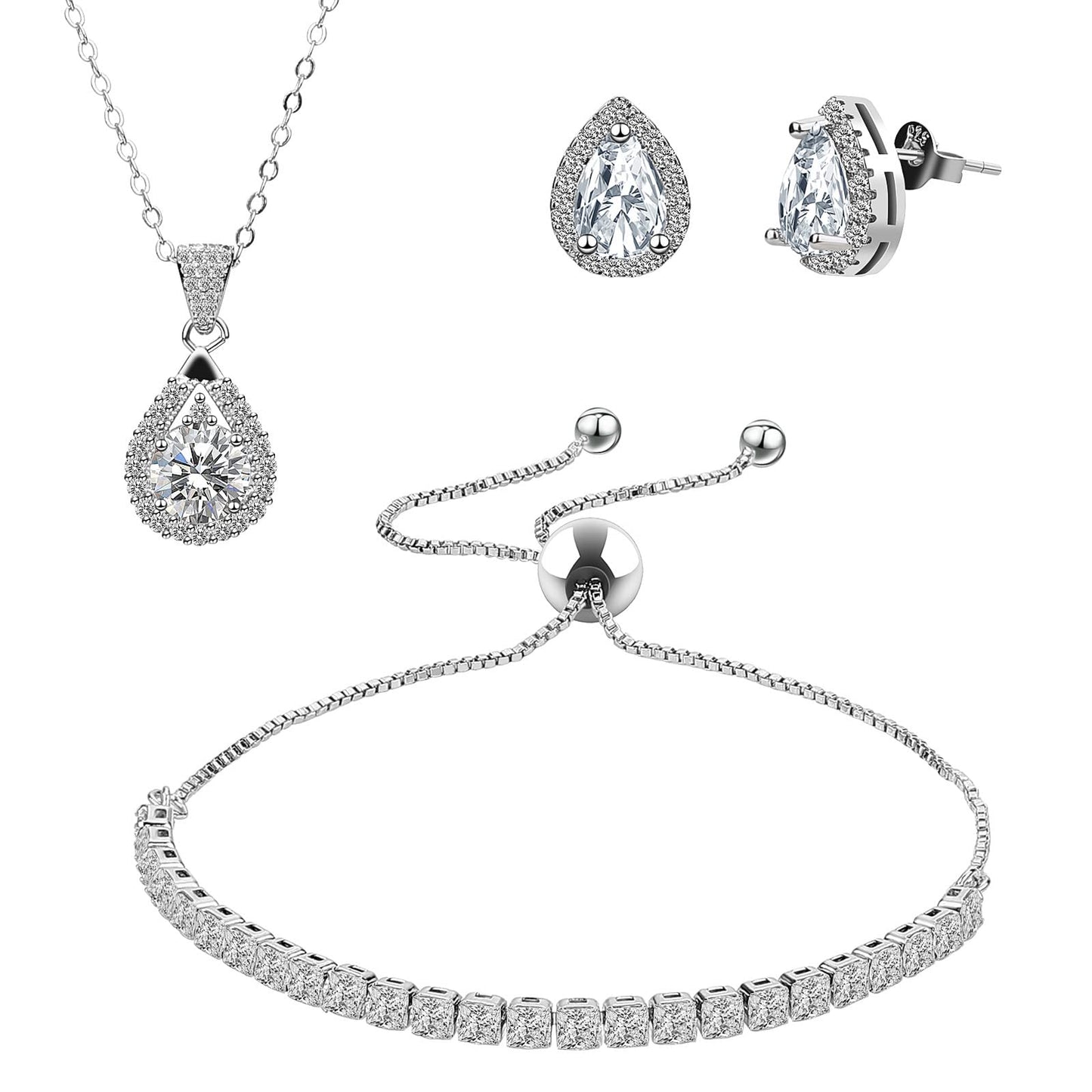 Bridesmaids Cubic Zirconia Jewelry Sets Teardrop Necklace, Earring Set And Crystal Link Bracelet for Wedding for Women Wedding Party Jewelry for Bridal Bridesmaid