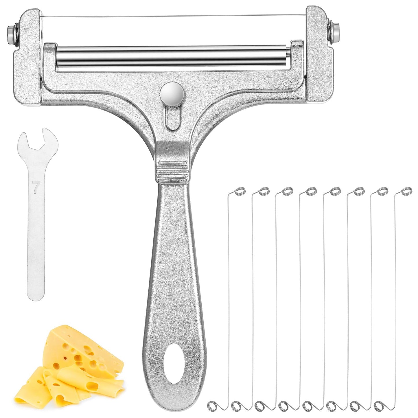Wire Cheese Slicer Stainless Steel Adjustable Handheld Cutter with Replacement Wires and Wrench, Food Slicer for Cheese, Butter, Bread and Vegetables