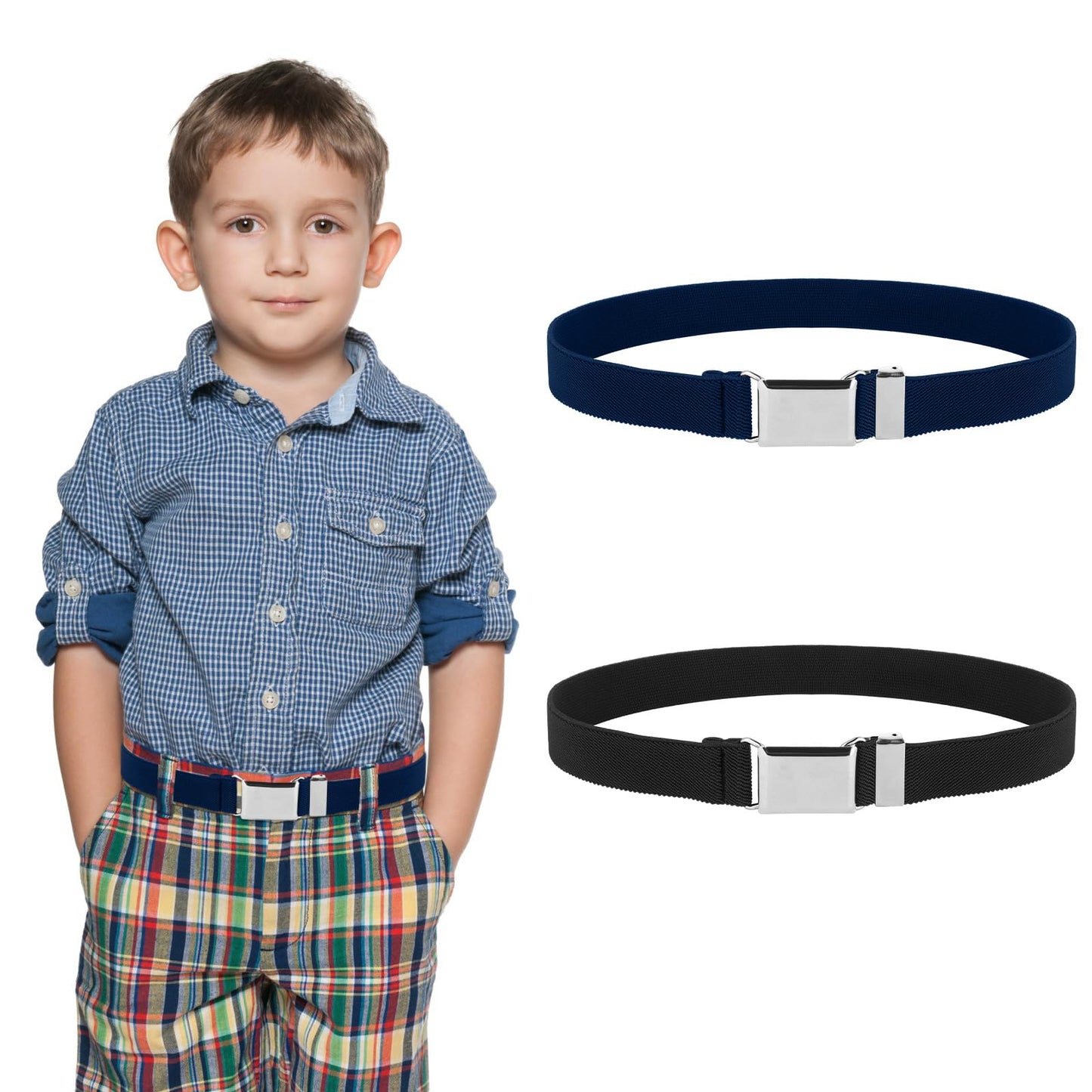 Lusofie 2Pcs Elastic Stretch Kids Belt with Easy Silver Square Buckle Adjustable Toddler Belt for Boys and Girls(Black, Navy)
