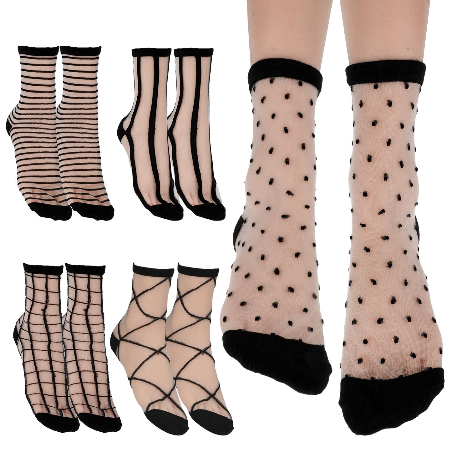 Lusofie 5Pairs Sheer Ankle Socks Black See Through Socks Striped Plaid Dot Cute Transparent Socks for Women Girls(Style C)