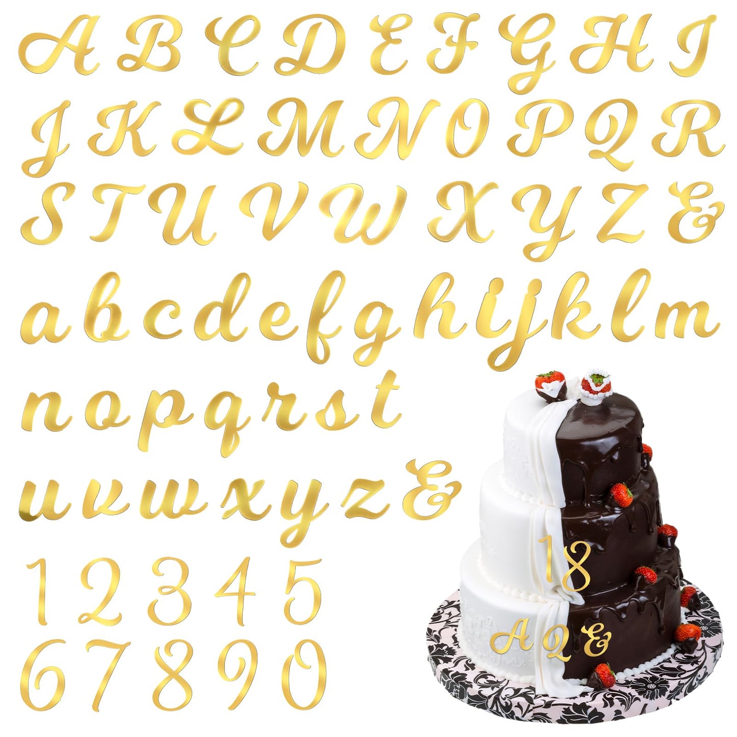 64Pcs Gold Acrylic Cake Topper, Acrylic Cake Alphabet Numbers Toppe, Mirror Number 0-9 and Alphabet A-Z Personalized DIY Custom Cakes Topper for Birthday Party Supplies