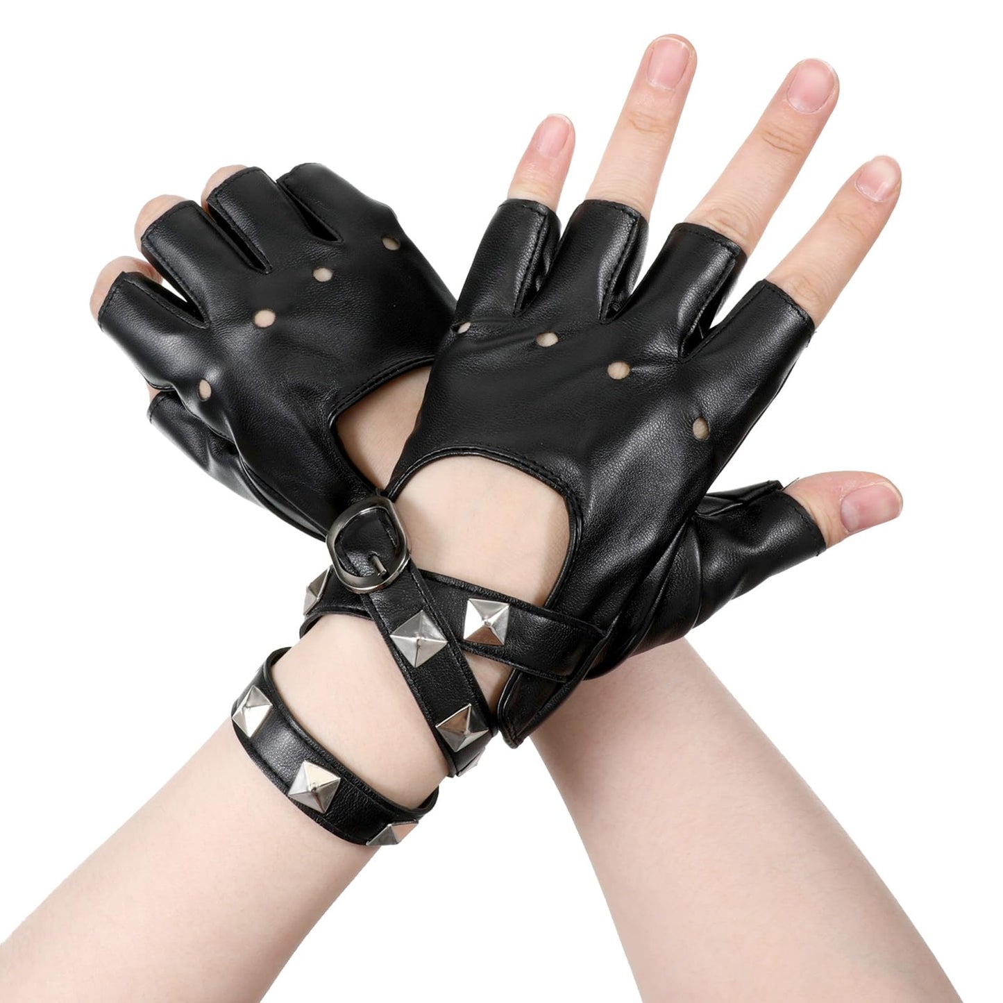 Yykazqe Leather Punk Gloves, Black Fingerless with Rivet Gloves