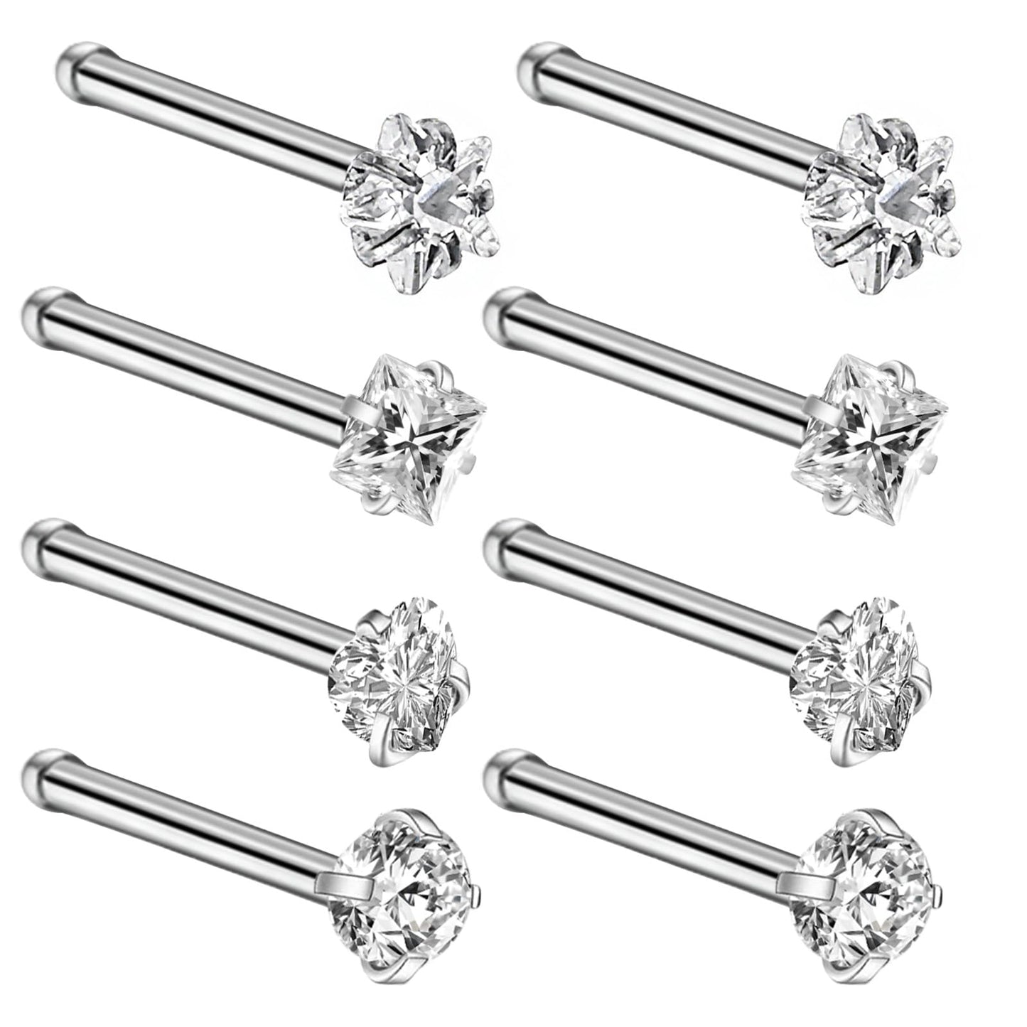 8pcs 20G Nose Rings Studs, 316L Surgical Steel Nose Piercings Jewelry