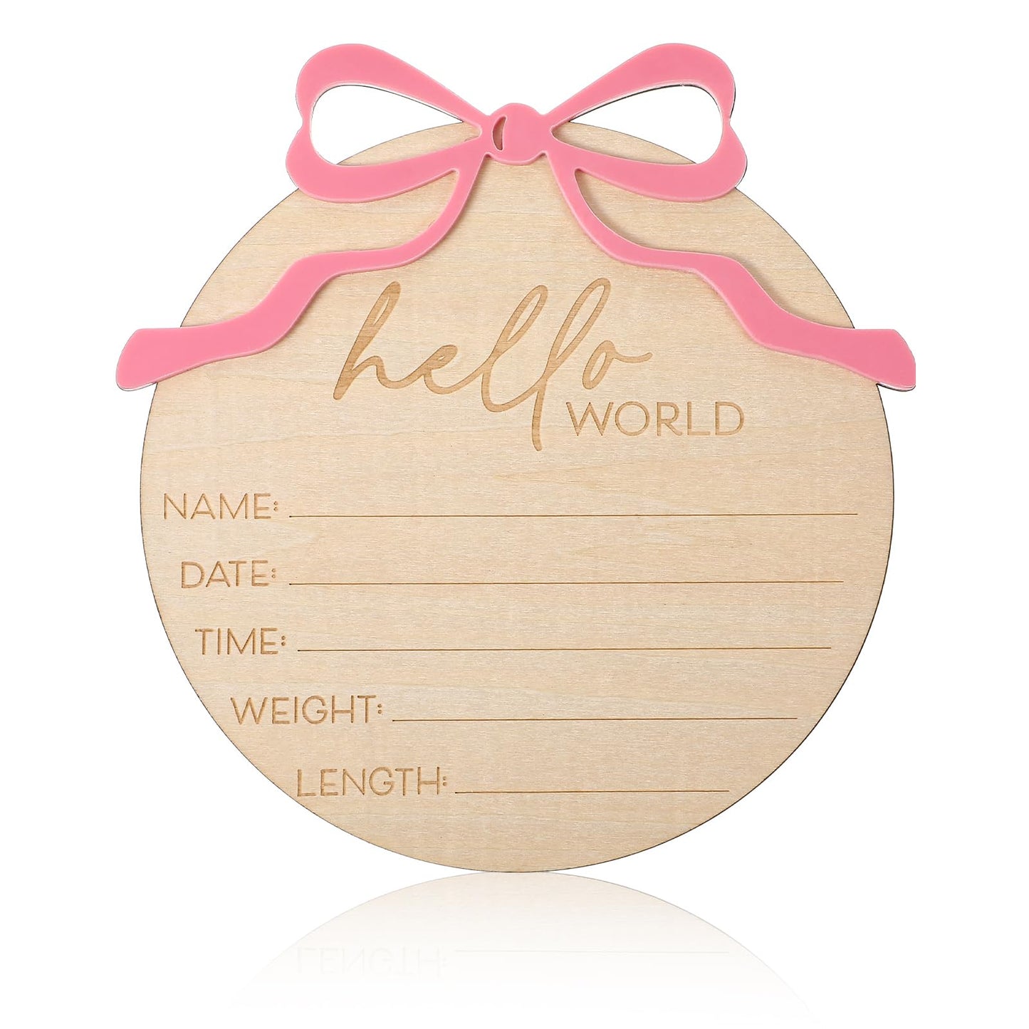 Baby Announcement Sign, Pink Bow Welcome Baby Sign, Wooden Hello World Newborn sign for Recording Birth Information