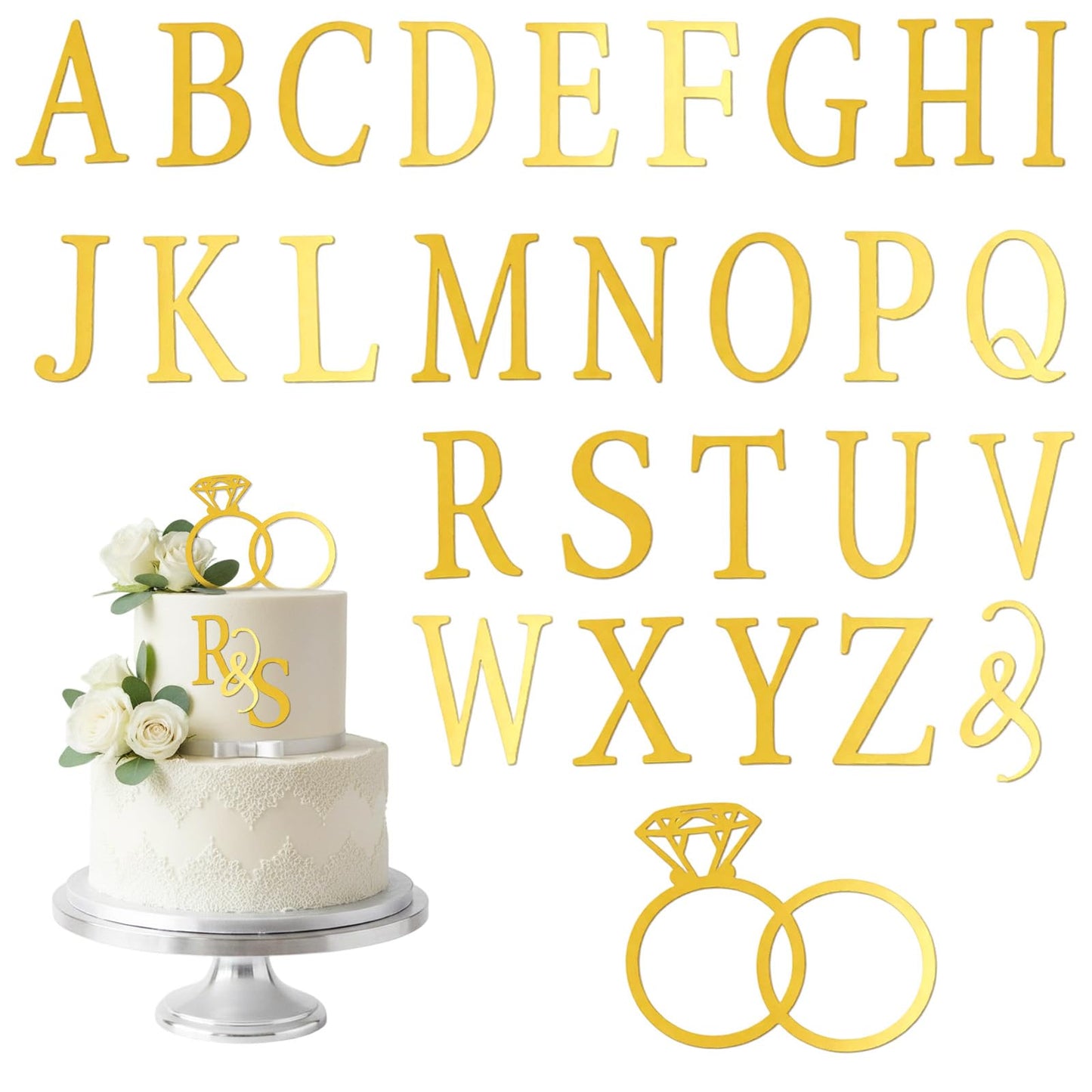 Wedding Cake Topper, Diamond Ring Cake Topper with 26 Letter Personalize Bride and Groom Initial Sign Wedding Cakes Decorations for Engagement Bridal Shower Decor