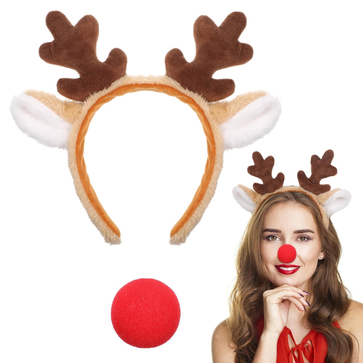 Lusofie Antler Headpiece with red nose Deer Antlers Headband Christmas Halloween Reindeer Antlers Headband Christmas Elk Deer Ears Antler Headbands for Xmas Party Supplies Halloween Cosplay