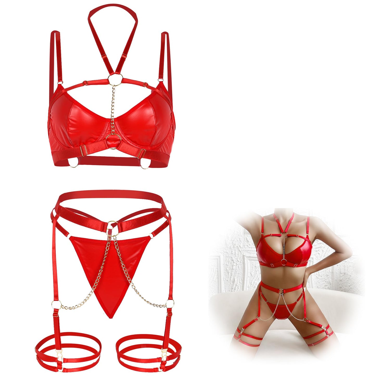 Telooco Leather Lingerie Set for Women 5 Piece Faux Leather Lingerie Sexy Adjustable Strappy Lingerie Bodysuit Sexy Corset (Red,Large)