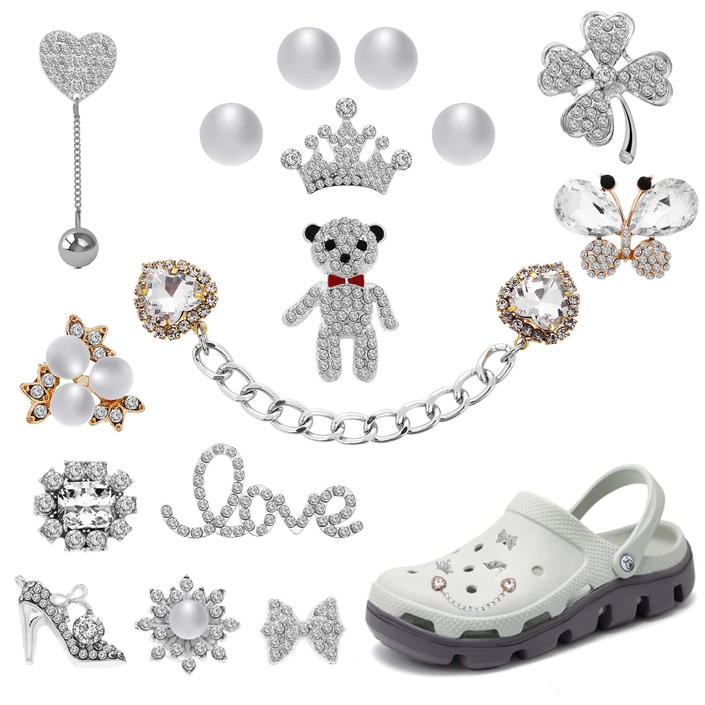 Lusofie 16Pcs Shoe Charms Bling Rhinestone Pearl Clog Decoration Bubble Clogs Charms Accessories Buckles with Chains Accessories for Women Girls