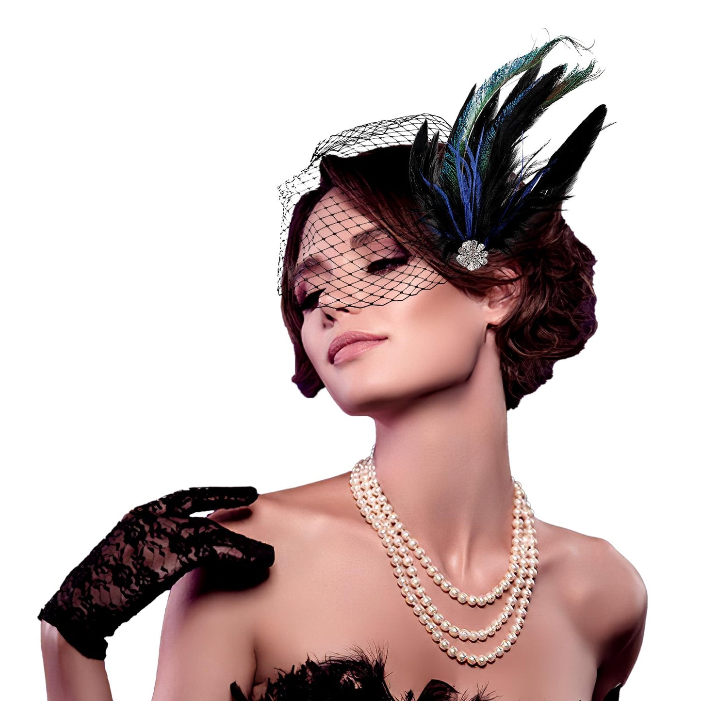 Peacock Feather Hair Clip Fascinators Hat for Women Tea Party 1920s Hair Accessories with Black Veil Kentucky Derby Hat for Cocktail Church