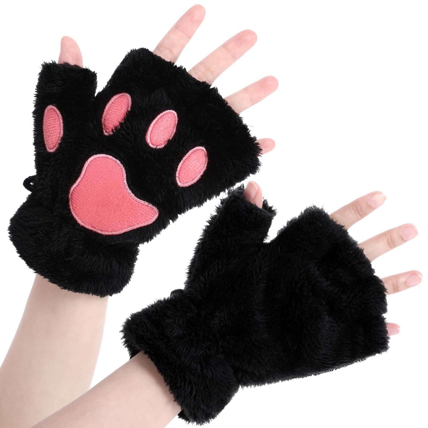 Cat Paw Gloves Kawaii Fingerless Gloves for Women Winter Furry Cat Gloves Cute Faux Fur Plush Half Finger Paws Gloves for Girls Women Halloween Cosplay Costume Accessories